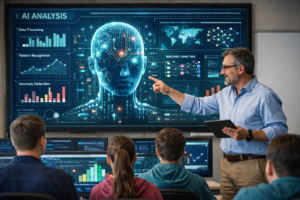 Profesor trabajando en un aula con ordenadores mientras un sistema de inteligencia artificial analiza datos en una pantalla digital.